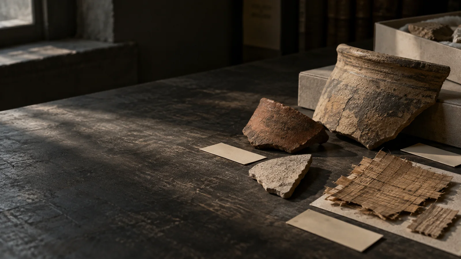 Illustrative archive still life with pottery fragments and papyrus; not an identified archaeological find